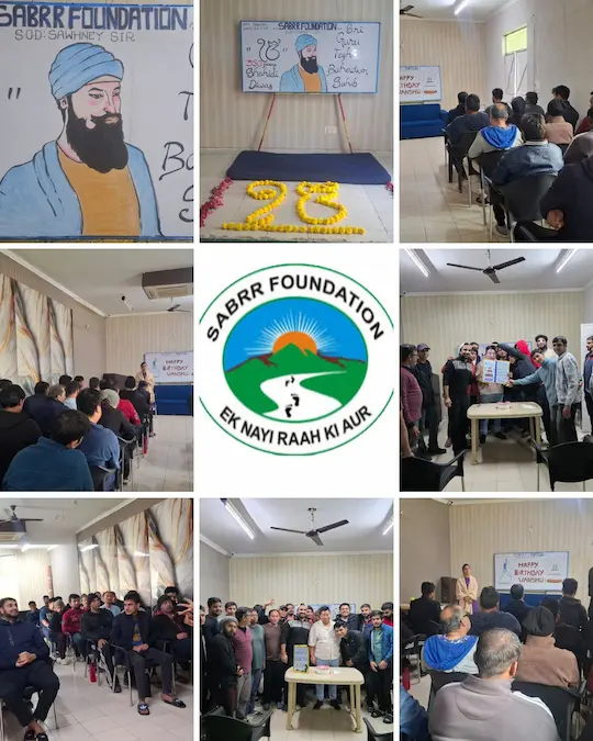 Collage showing birthday celebrations, seminars, and logo of Sabrr Foundation